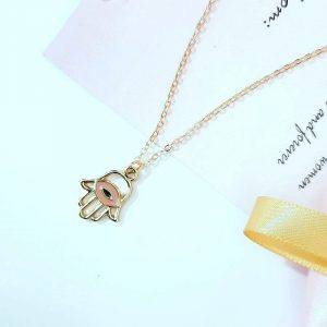 Hamsa Hand Necklace with Golden Chain and Peach Evil Eye