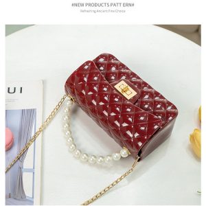Pearl Handle Wine Colour Bag With Chain-PVC
