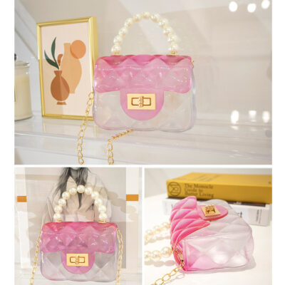 Pearl Handle White & Pink Mix Transparent Bag With Chain -PVC