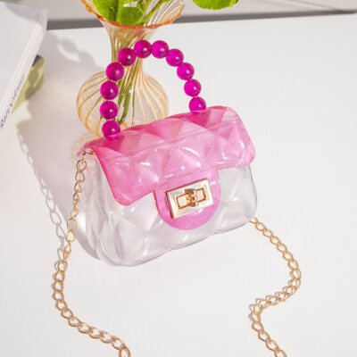 Pearl Handle Pink & White Bag With Chain -PVC