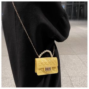 Pearl Handle Yellow PVC  Bag With Chain