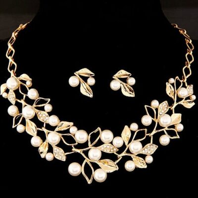 Pearl Leaf Design Golden Necklace Set